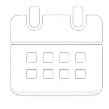 A calendar icon with a grid of dates and two binding rings at the top.
