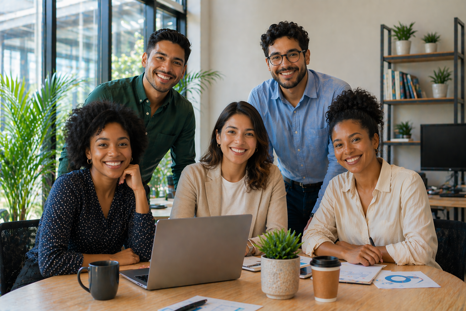 Group of five diverse professionals smiling around a conference table in an office.