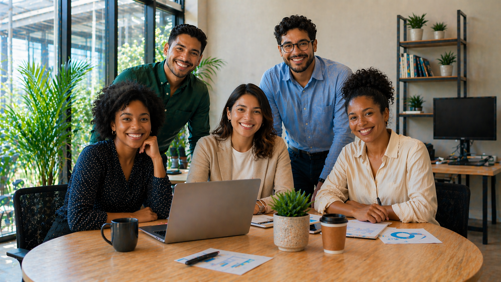 Group of five diverse professionals in a modern office, smiling and gathered around a table with a laptop, papers, and coffee cups, with large windows and indoor plants in the background.