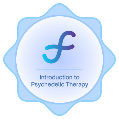 Logo for Introduction to Psychedelic Therapy featuring a stylized 'f' symbol surrounded by a light blue abstract shape.