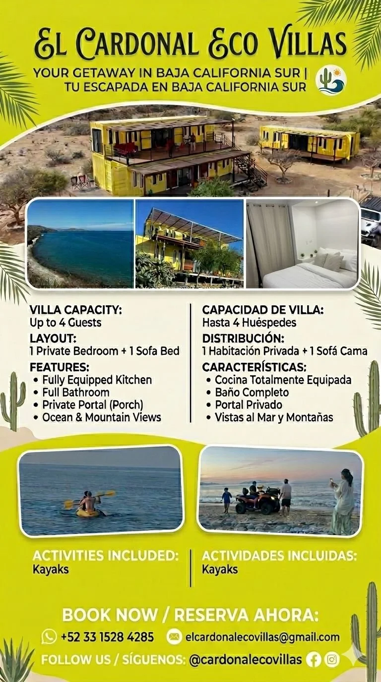 A promotional flyer for El Cardonal Eco Villas in Baja California Sur featuring images of ocean views, a villa with mountain vistas, a bedroom interior, and activities like kayaking. Includes booking contact info and social media handles.