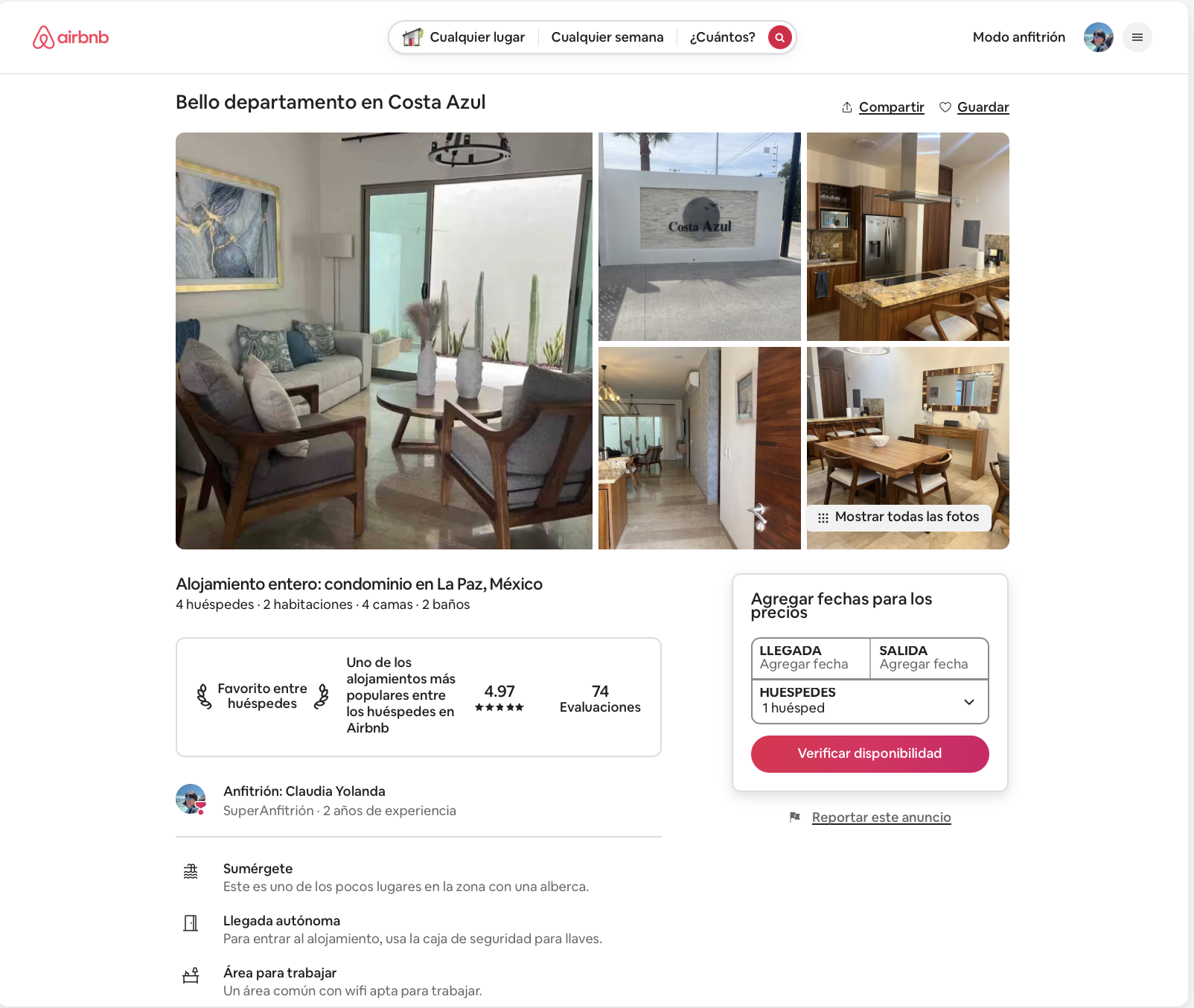 Collage of five photos of a modern apartment interior and exterior, including a living room with a sofa and chairs, a house sign with 'Costa Azul', a kitchen with wooden cabinets and granite countertops, a dining area with a round table and chairs, and an entrance hallway.