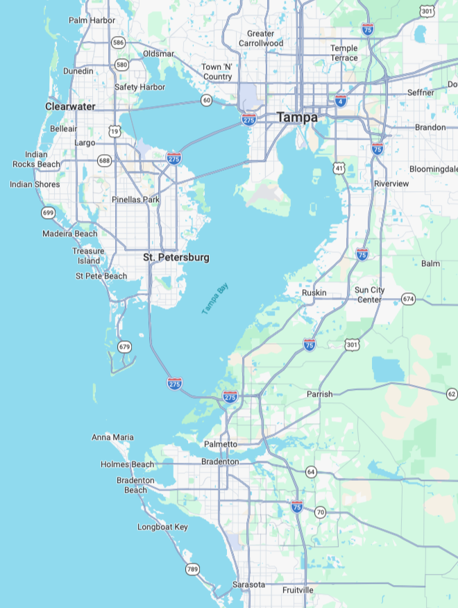 A map of the Tampa Bay area in Florida showing cities like Tampa, St. Petersburg, and Clearwater, major highways including I-75 and I-275, and bodies of water such as Tampa Bay and the Gulf of Mexico.