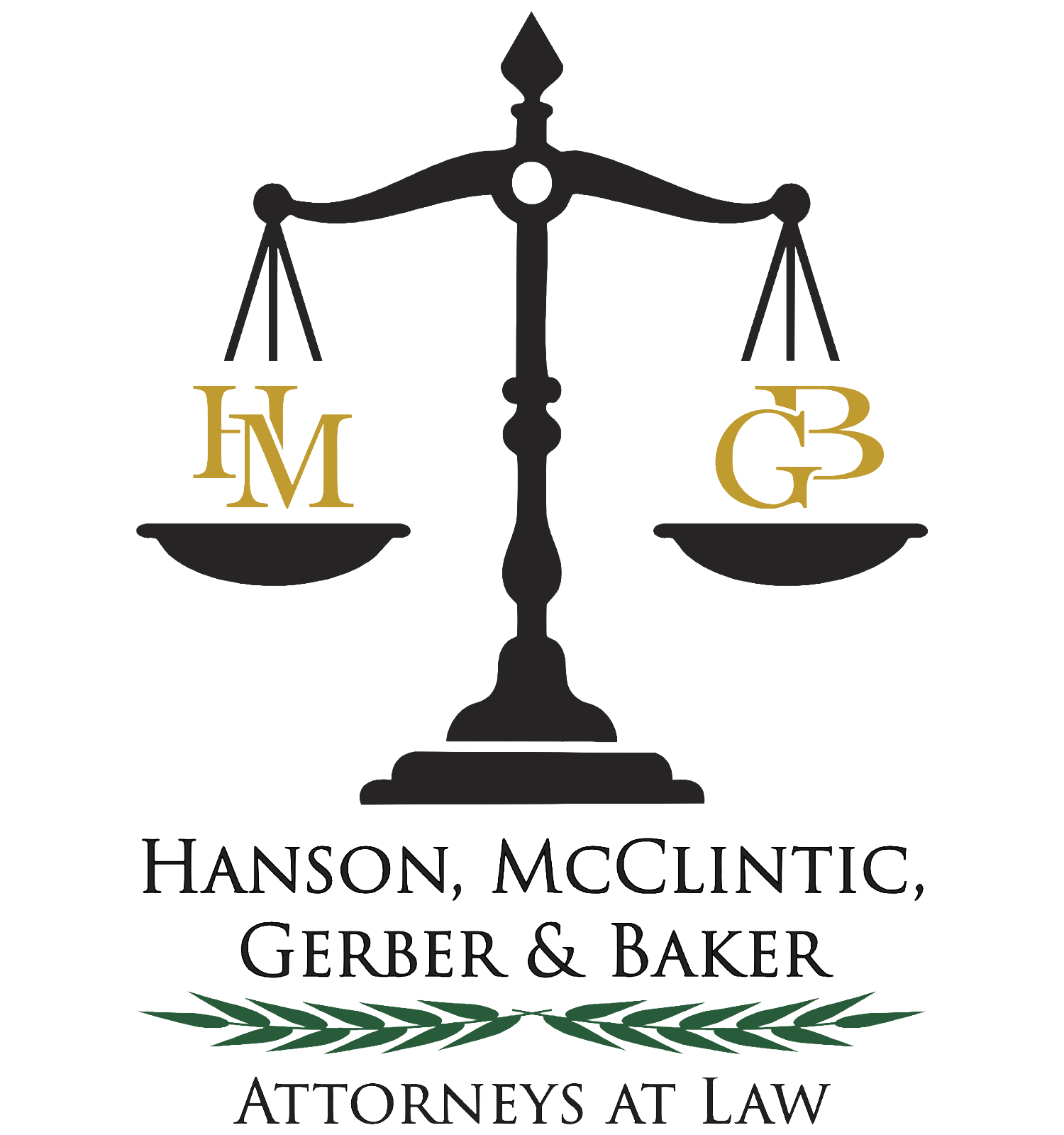 Logo for Hanson, McClintic, Gerber & Baker, featuring a black scale of justice with gold letters "HM" on one side and "GB" on the other. Below the scale is the firm name "Hanson, McClintic, Gerber & Baker - Attorneys at Law"