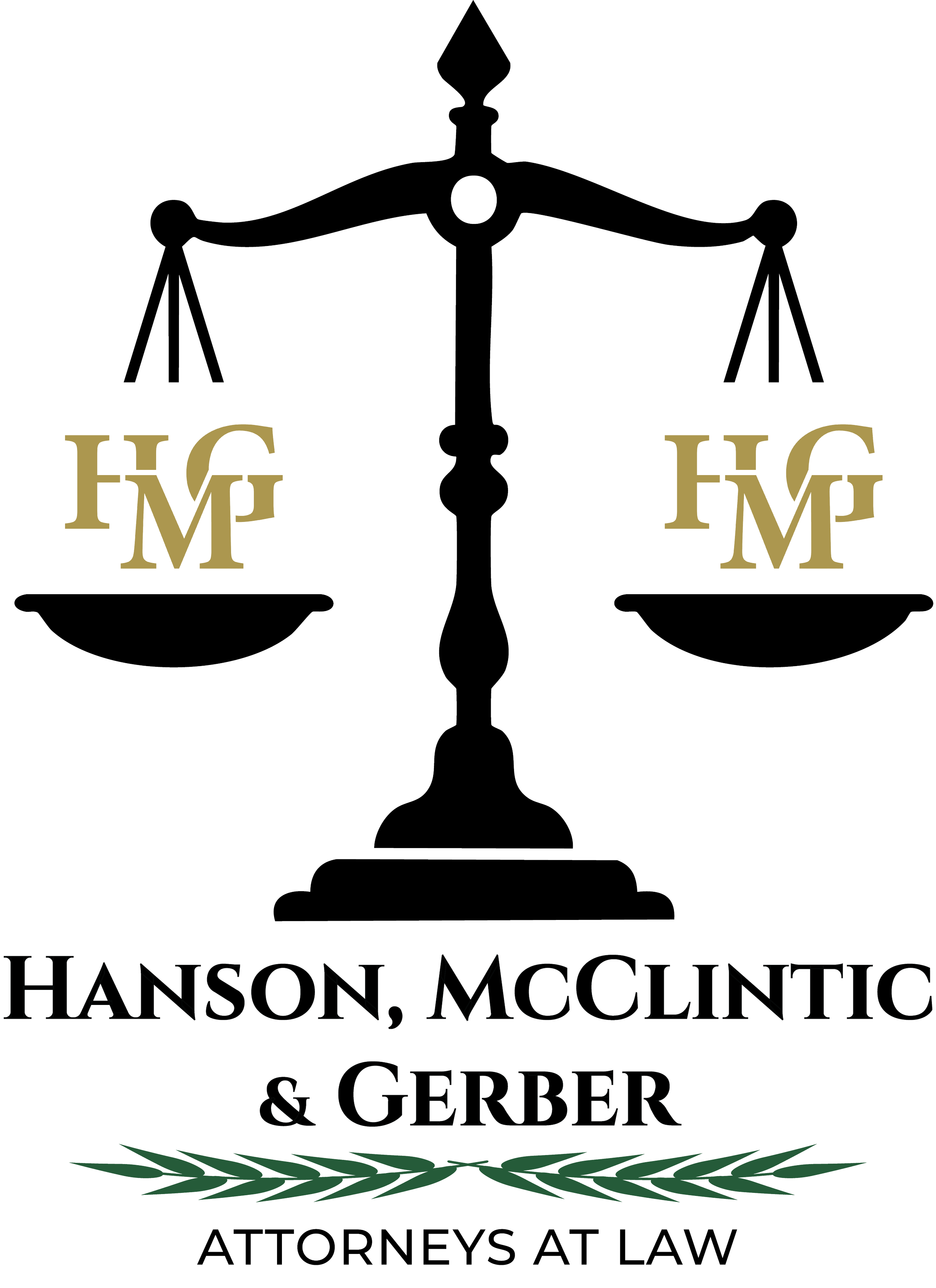An image of a balanced scale with the initials 'H,'  'M' & 'G' on each side, and text underneath that reads 'Hanson, McClintic & Gerber - Attorneys at Law'.