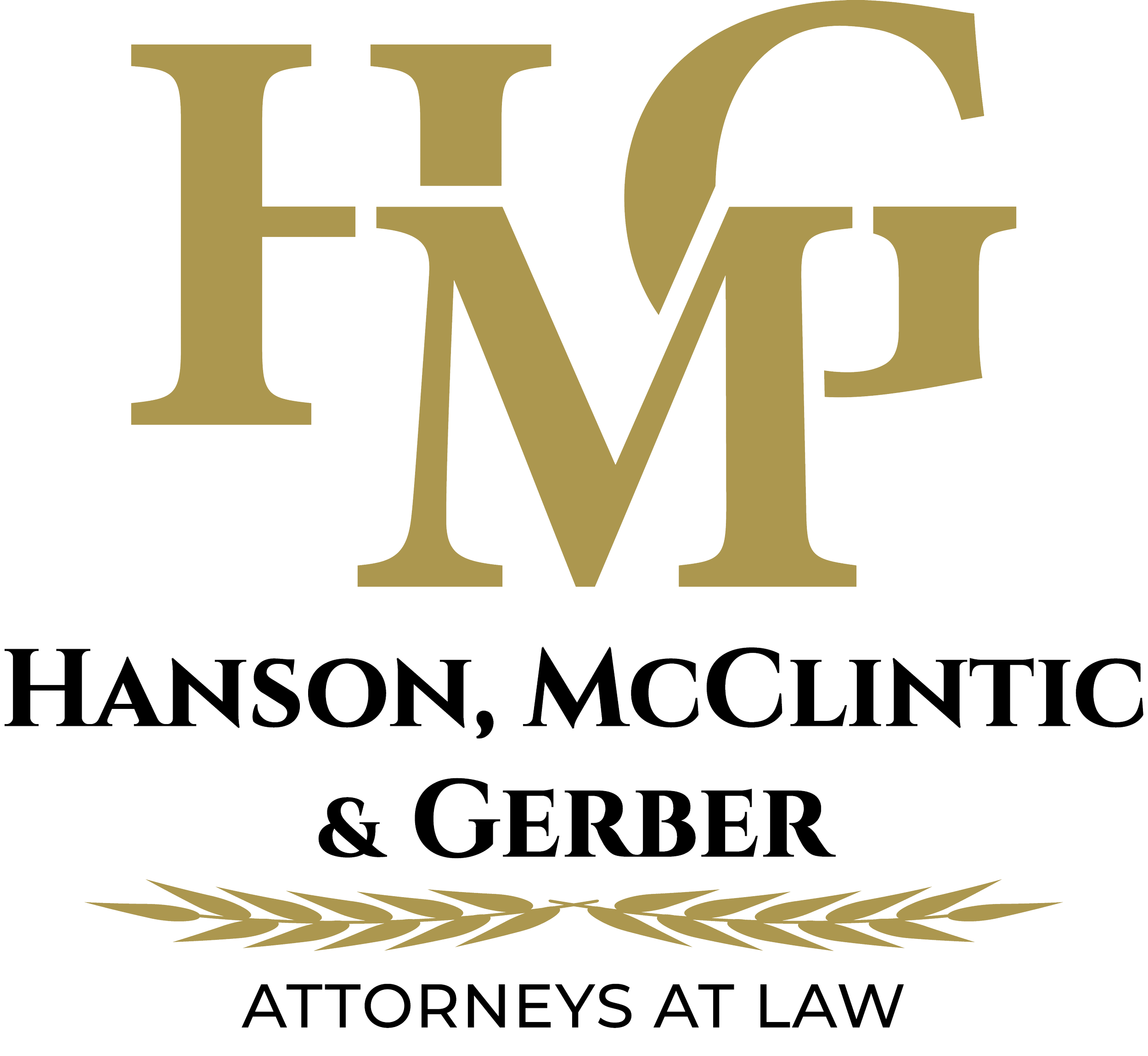 Hanson, McClintic & Gerber - Attorneys at Law logo with decorative gold initials and two lines of black text with the firm name separated by a gold laurel wreath.