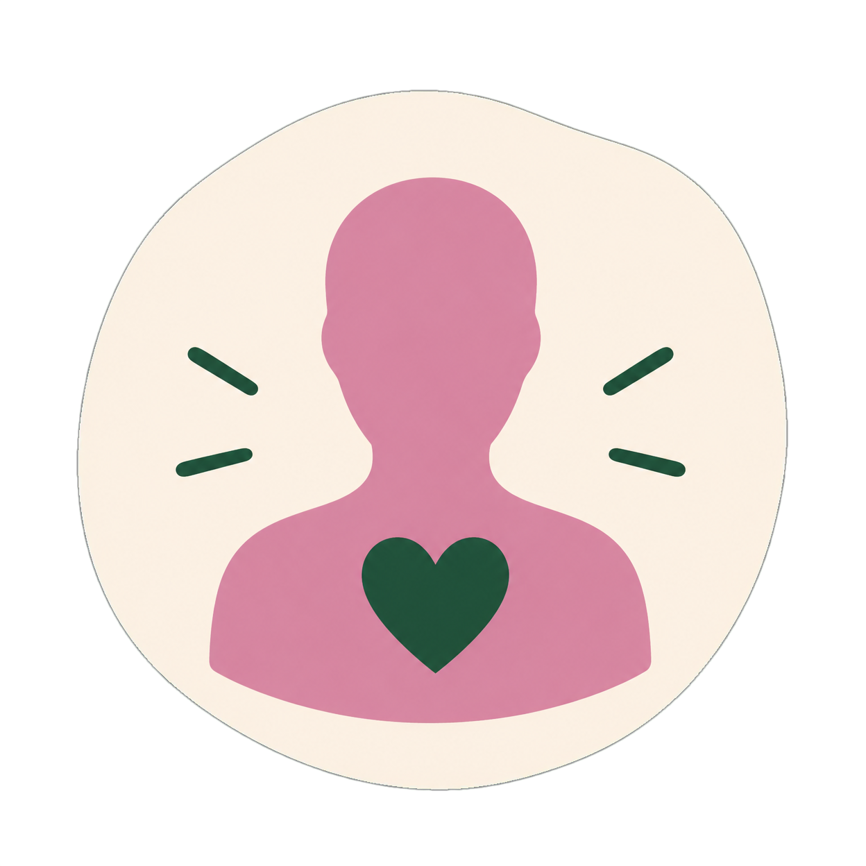 Illustration of a pink human silhouette with a dark green heart inside the chest area, surrounded by black lines indicating emphasis, against a white circular background on a bright green backdrop.