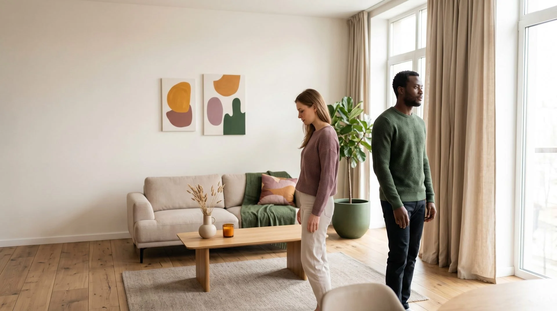 A man and woman standing in a bright living room, both looking forward and away from each other, with large windows and beige curtains, a sofa with cushions, abstract art on the wall, a coffee table with decorative items, a large potted plant, and wooden flooring.