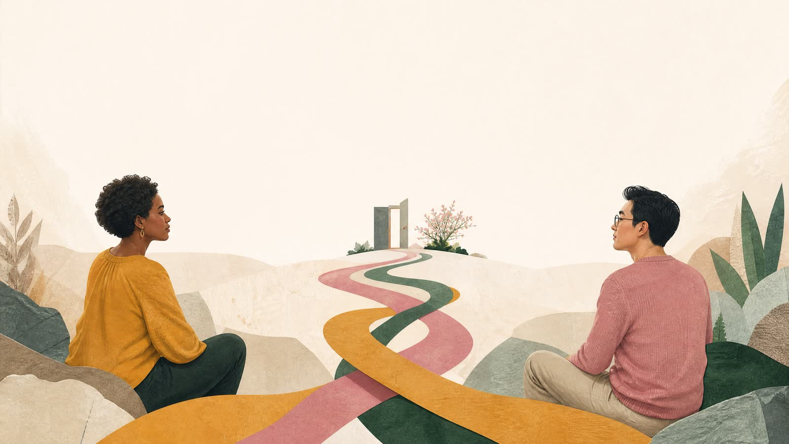 Illustration of a woman with dark curly hair and a man with glasses sitting on rocks, facing each other in a peaceful outdoor setting with a winding colorful path leading to an open door and a flowering tree in the background.