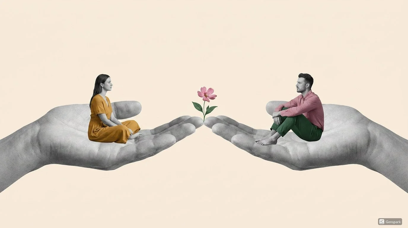 Two gray hands hold a woman in a yellow dress and a man in a pink shirt sitting on their palms, with a pink flower between them.