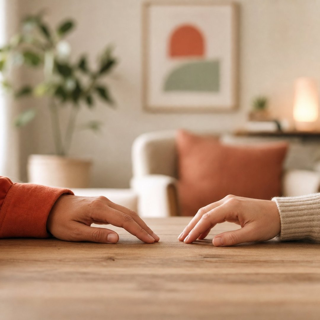 Close-up of two hands reaching out towards each other across a wooden table in a cozy living room.