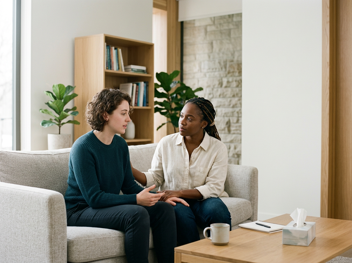 Two women sitting on a beige couch in a living room, having a serious conversation. One woman has short curly hair and is wearing a teal sweater, and the other has long braided hair and is wearing a white shirt. There is a wooden table with a mug, notebook, and tissue box, and a bookshelf and plants in the background.