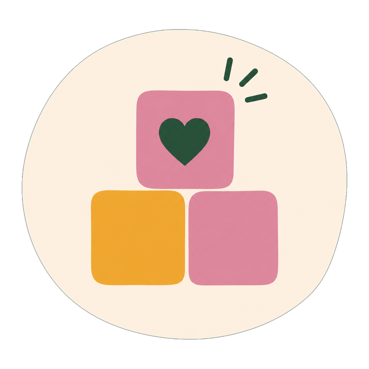 A digital illustration of three colored blocks arranged in a triangle with a pink block on top featuring a dark green heart, a yellow block on the bottom left, and a pink block on the bottom right. The pink block on top has three small lines above it indicating emphasis or excitement.