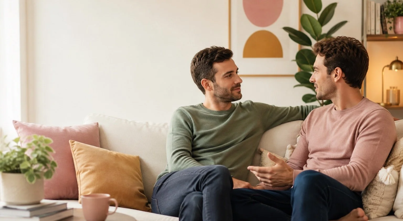 Two men sitting on a sofa, engaged in conversation, in a cozy living room decorated with plants and colorful artwork.