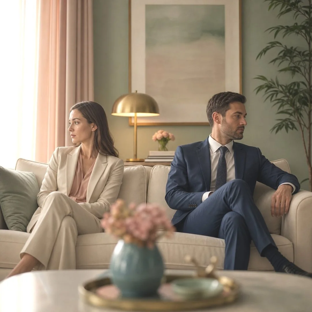 A man and woman sitting on a cream-colored sofa facing away from each other with serious looks in a well-decorated living room.