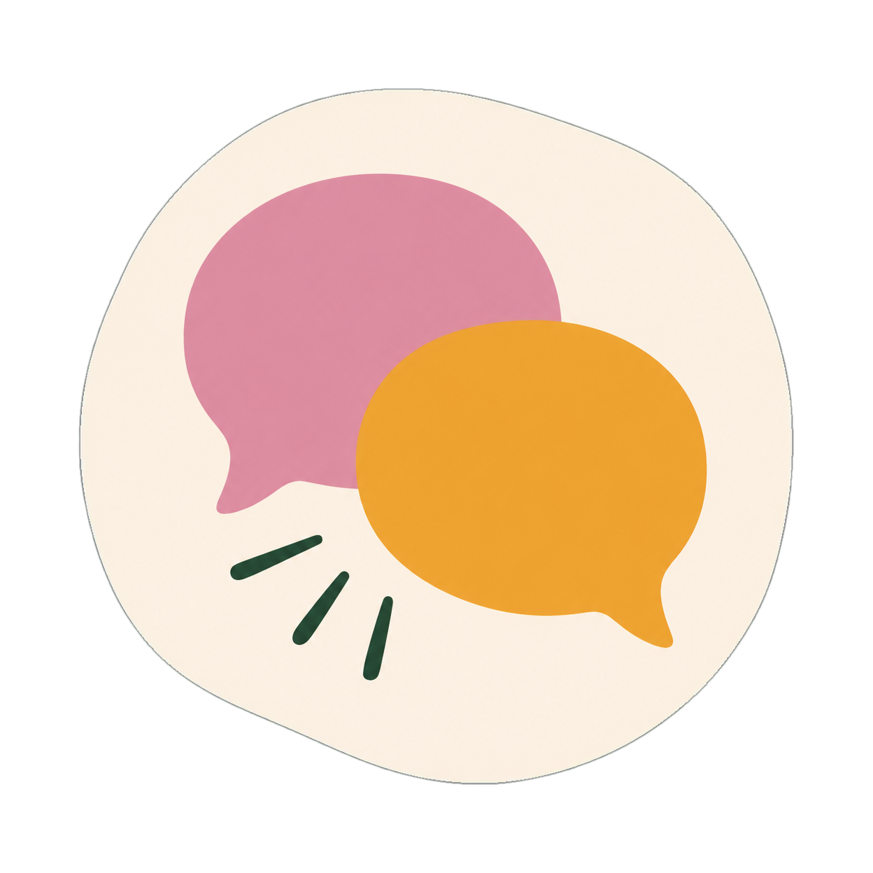 Two speech bubbles, one pink and one orange, on a beige background with black lines underneath.