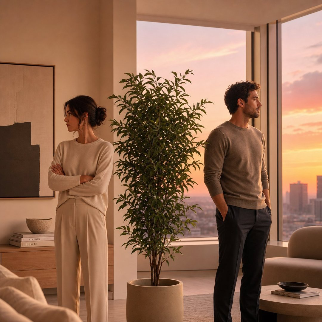 A man and a woman stand apart in a modern apartment with floor-to-ceiling windows showing a city skyline at sunset. The woman has her arms crossed and looks to the side, while the man has his hands in his pockets and looks out the window. There is a tall potted plant between them, and the interior features contemporary furniture and artwork.