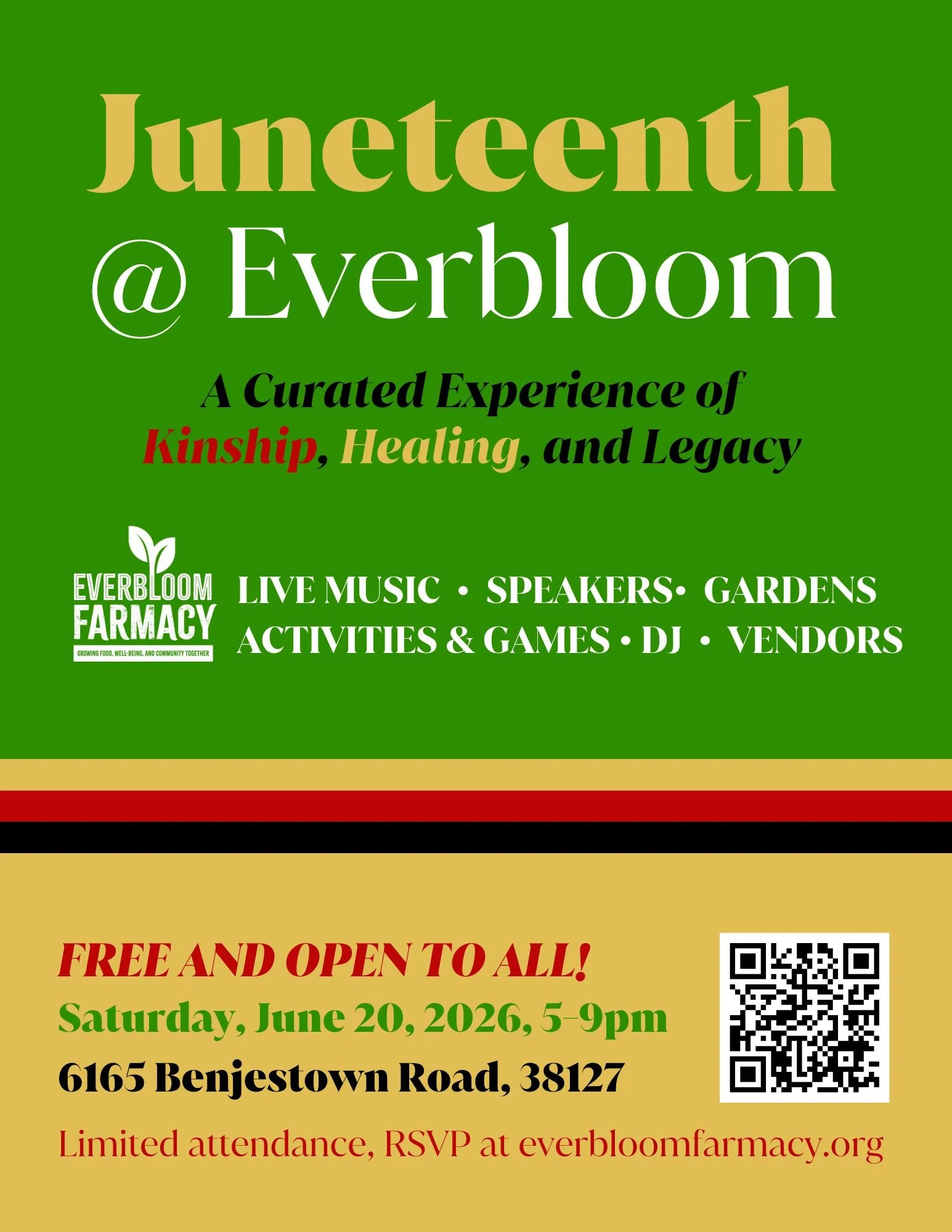 Promotional flyer for Juneteenth at Everbloom, highlighting live music, speakers, gardens, activities, and vendors, scheduled for Saturday, June 20, 2026, from 5 to 9 pm, at 6165 Benjestown Road.