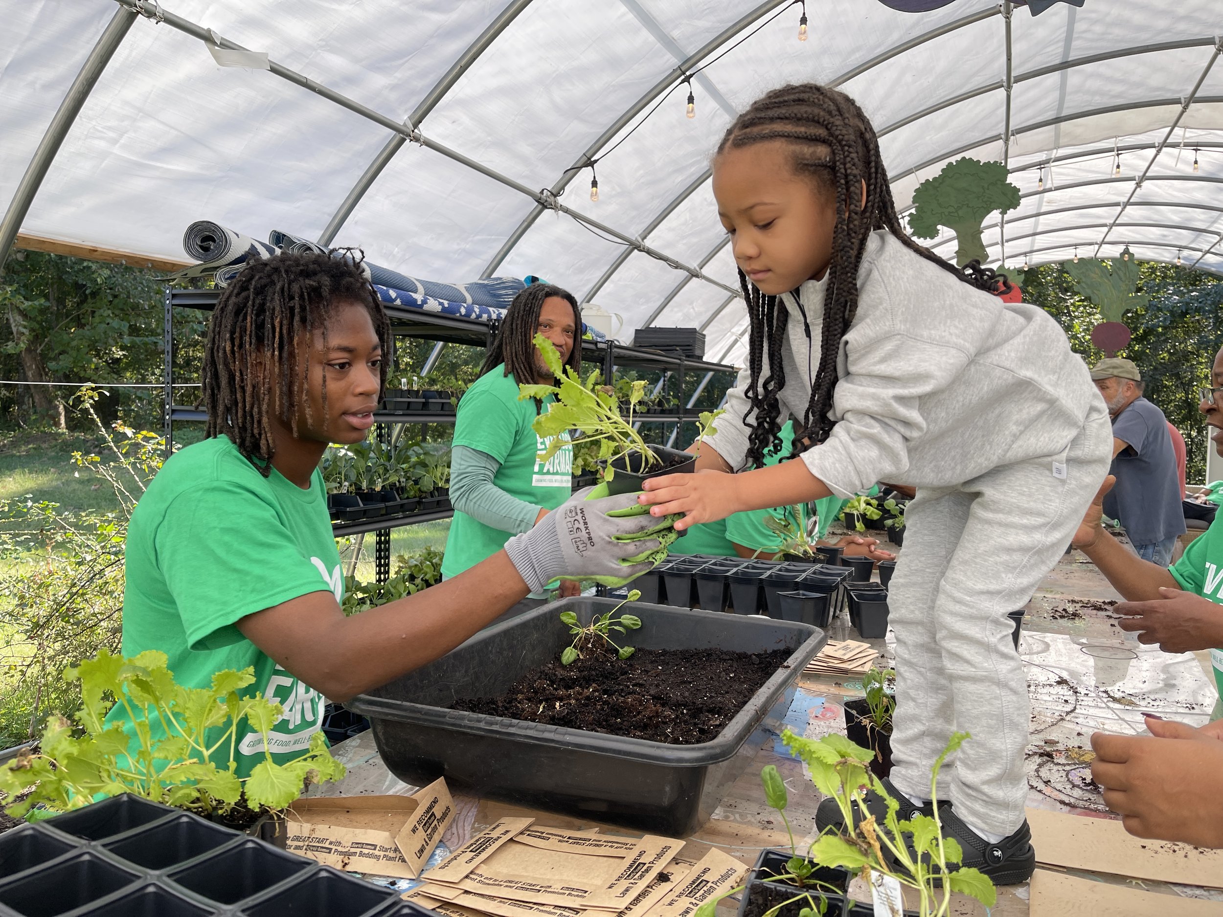 An Everbloom volunteer hands a seedling to a young gardener.