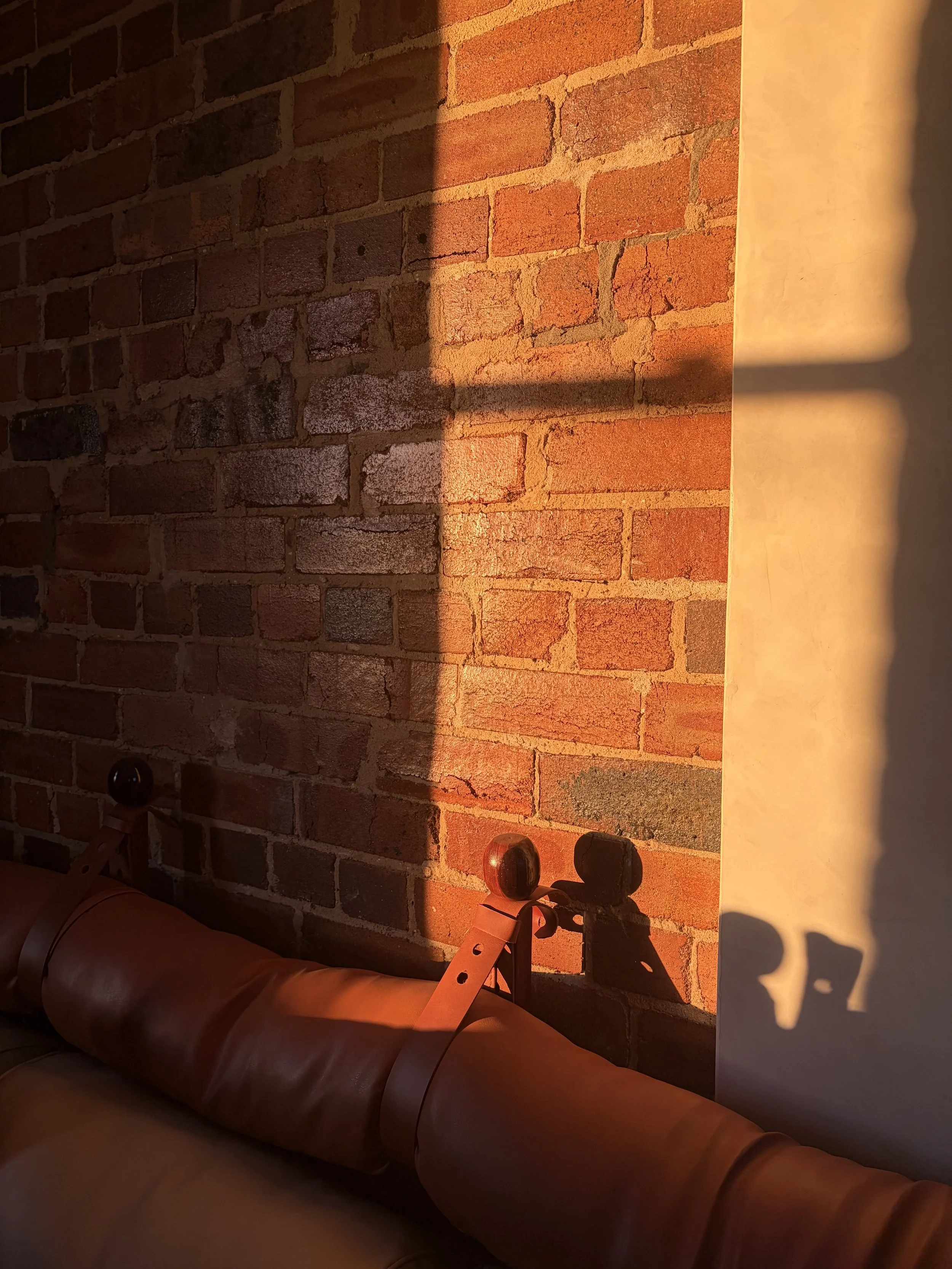A brick wall illuminated by warm sunlight with shadows cast on the wall. Part of a beige or tan leather couch and a wooden bed frame are visible in the foreground.