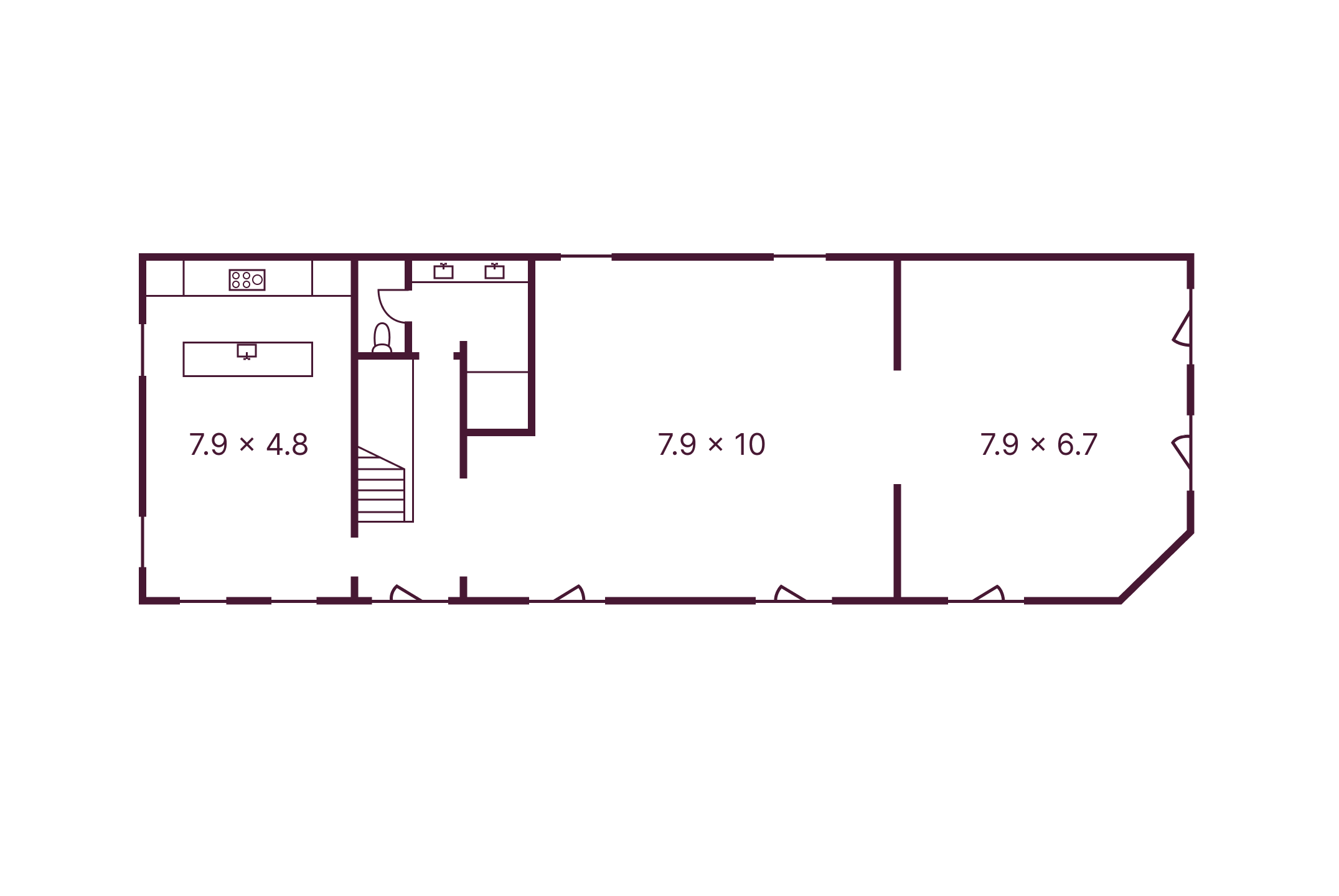 Floor plan of a building with rooms labeled and dimensions marked, showing a layout in black and purple lines.
