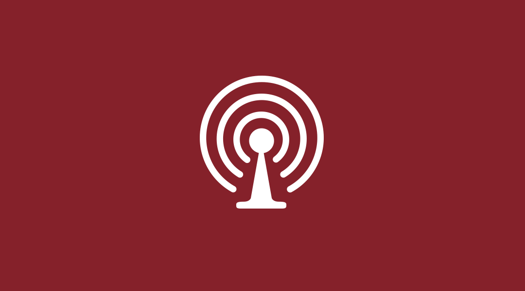 Icon of a radio tower emitting radio waves on a red background.