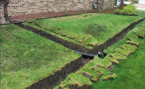 Garden bed with grass and stepped stone pathway, with a drainage pipe nearby.