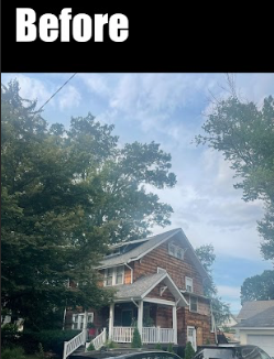 A two-story brick house with white porch railing, surrounded by trees, under a partly cloudy sky, labeled 'Before' at the top.