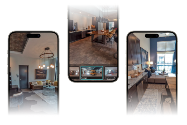 Three smartphones displaying different living room interiors, including a modern living room with a chandelier, a kitchen or dining area, and another living room with large windows and natural light.