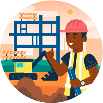 Construction worker at a building site giving a thumbs-up, holding a blue pipe, with scaffolding and construction materials in the background.