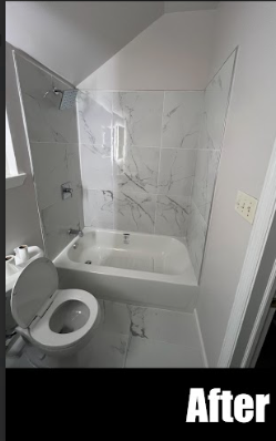 Bathroom with bathtub, toilet, marble tiles, and a glass shower enclosure, labeled 'After'.
