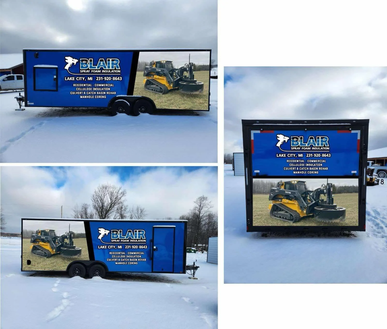 A blue mobile advertising trailer for Blair Spray Foam Insulation in Lake City, Michigan, with a graphic of a construction vehicle, displayed in a snowy outdoor setting with trees and buildings in the background.