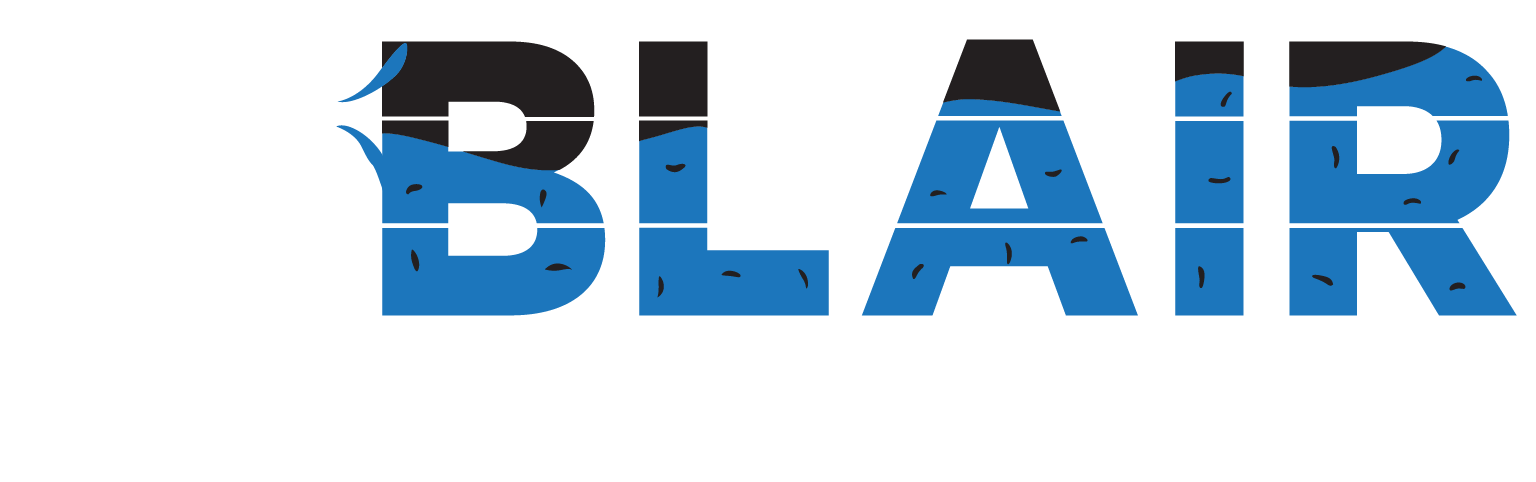 Logo for Blair Spray Foam Insulation, featuring a spray foam gun and blue foam pattern in text.