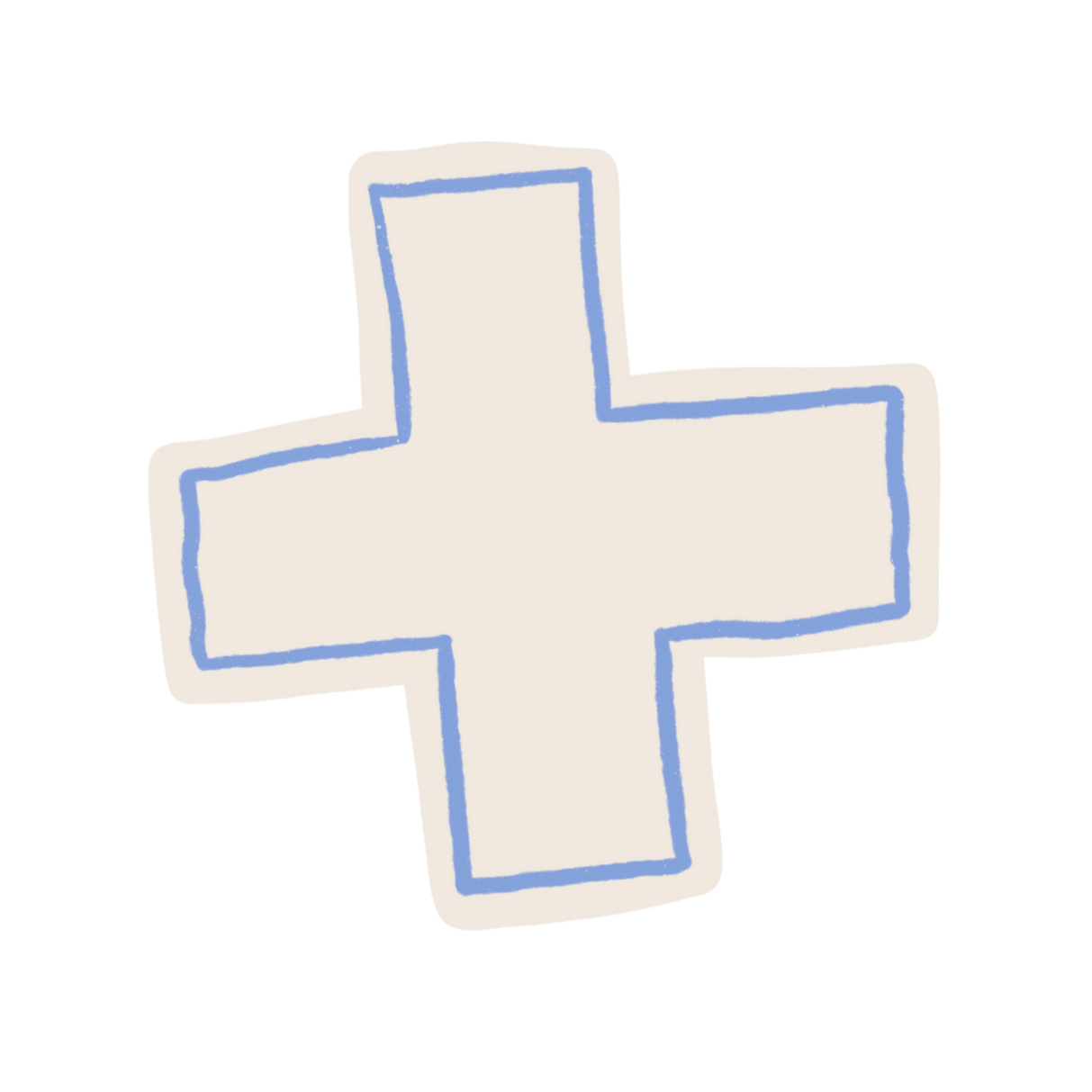 A beige plus sign with a blue outline.