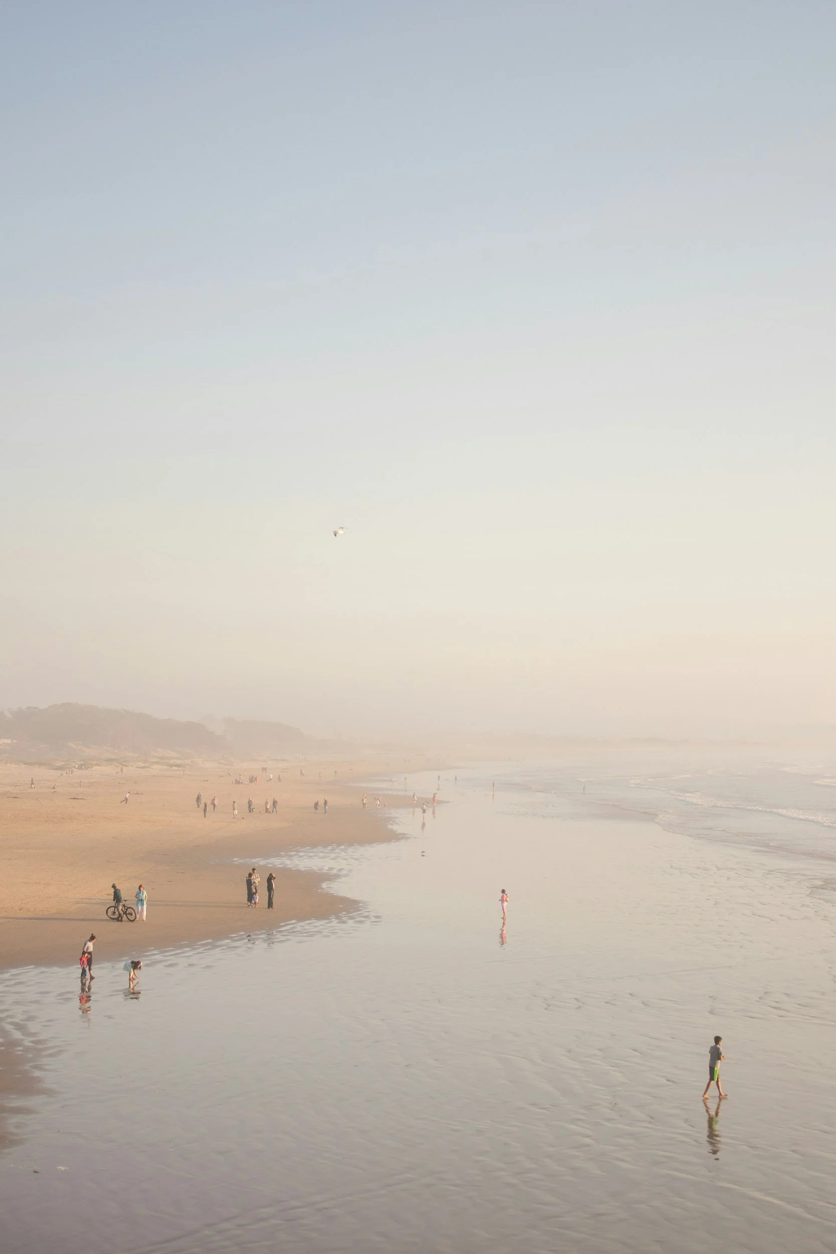 Beach scene with people walking, some with children, cyclists, and a dog. The sky is clear and pale blue, and the shoreline reflects the sky, creating a mirror-like effect.
