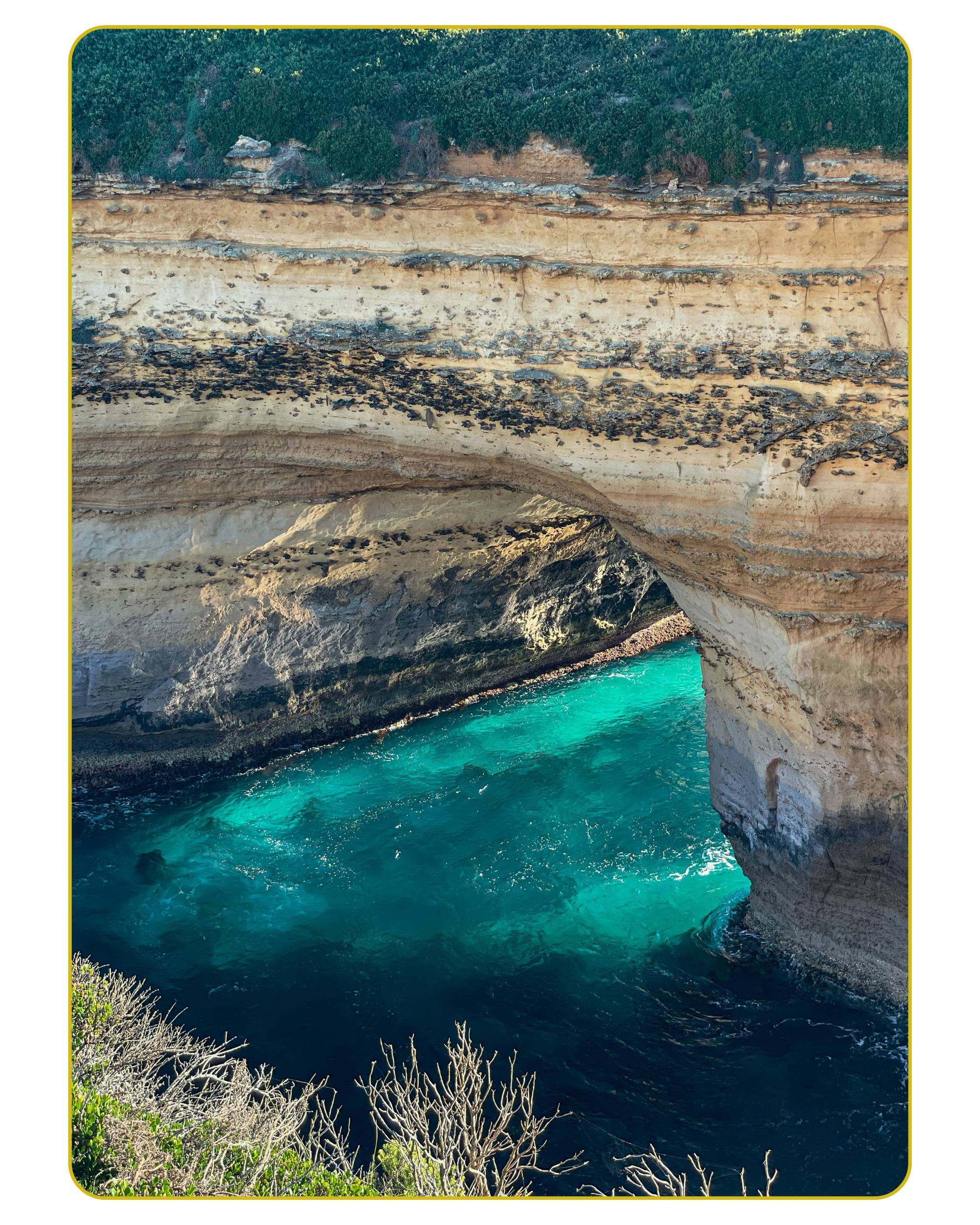 Cliffside ocean cave with turquoise waters and green vegetation on top.