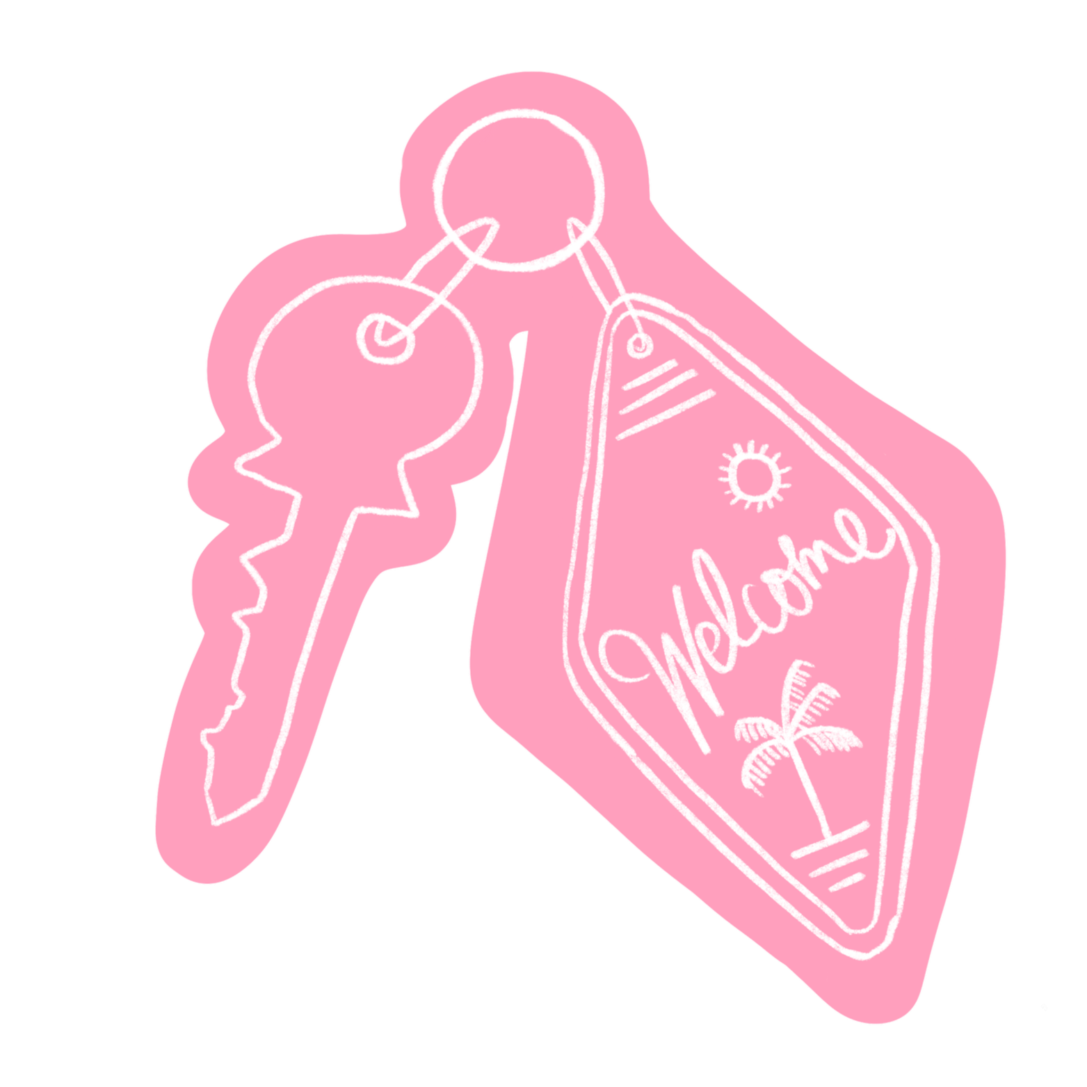 Pink illustration of a key and a keychain with a "Welcome" message and a palm tree design.