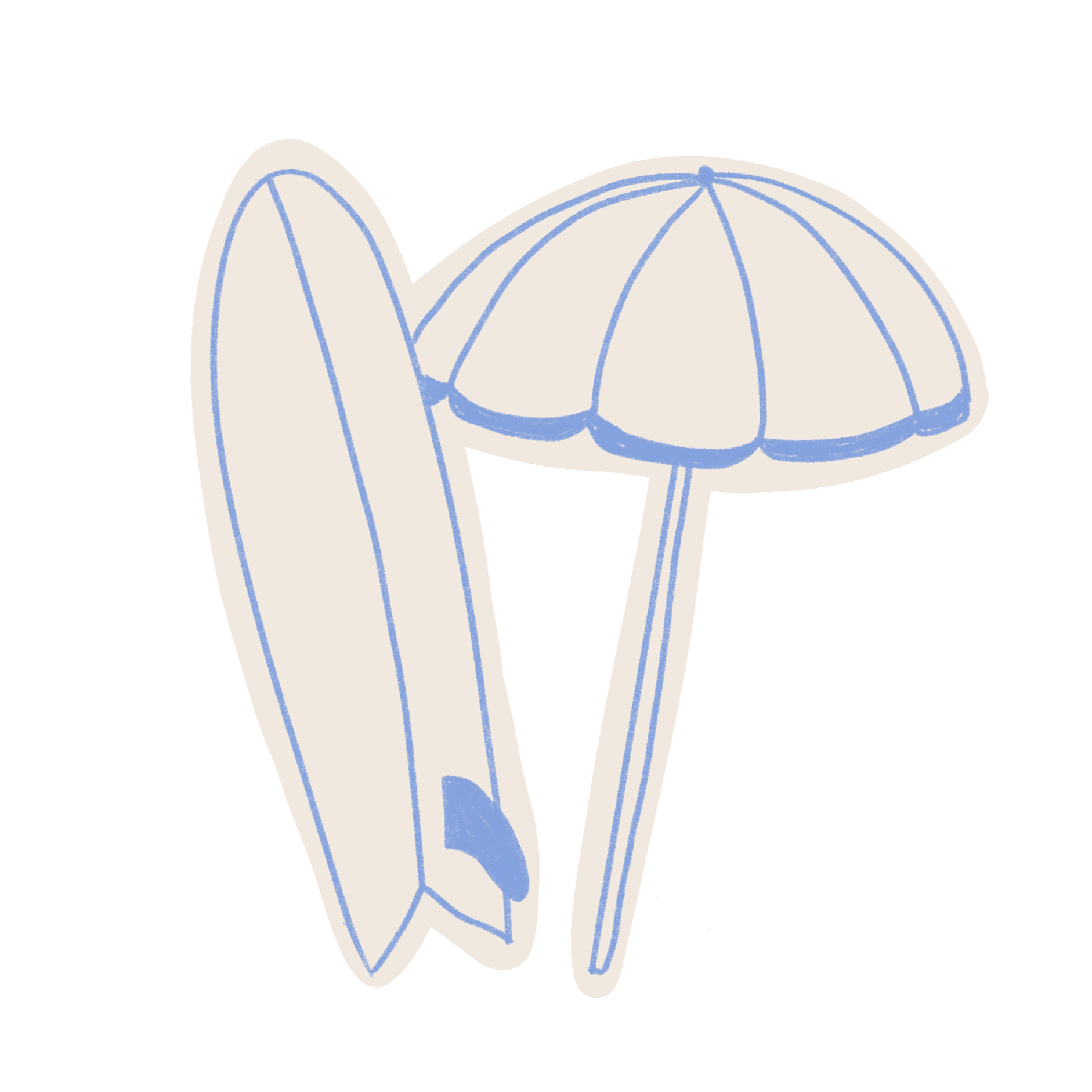 Hand-drawn illustration of a cactus, a palm leaf, and a beach umbrella with blue outlines on a transparent background.