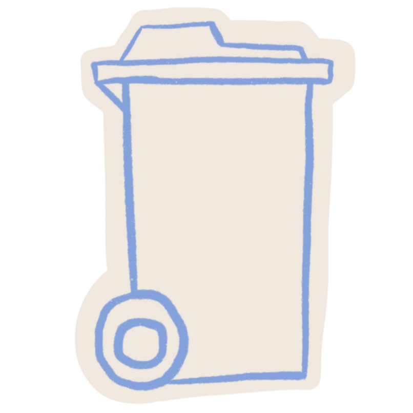 Simple drawing of a trash can with a lid and wheels.