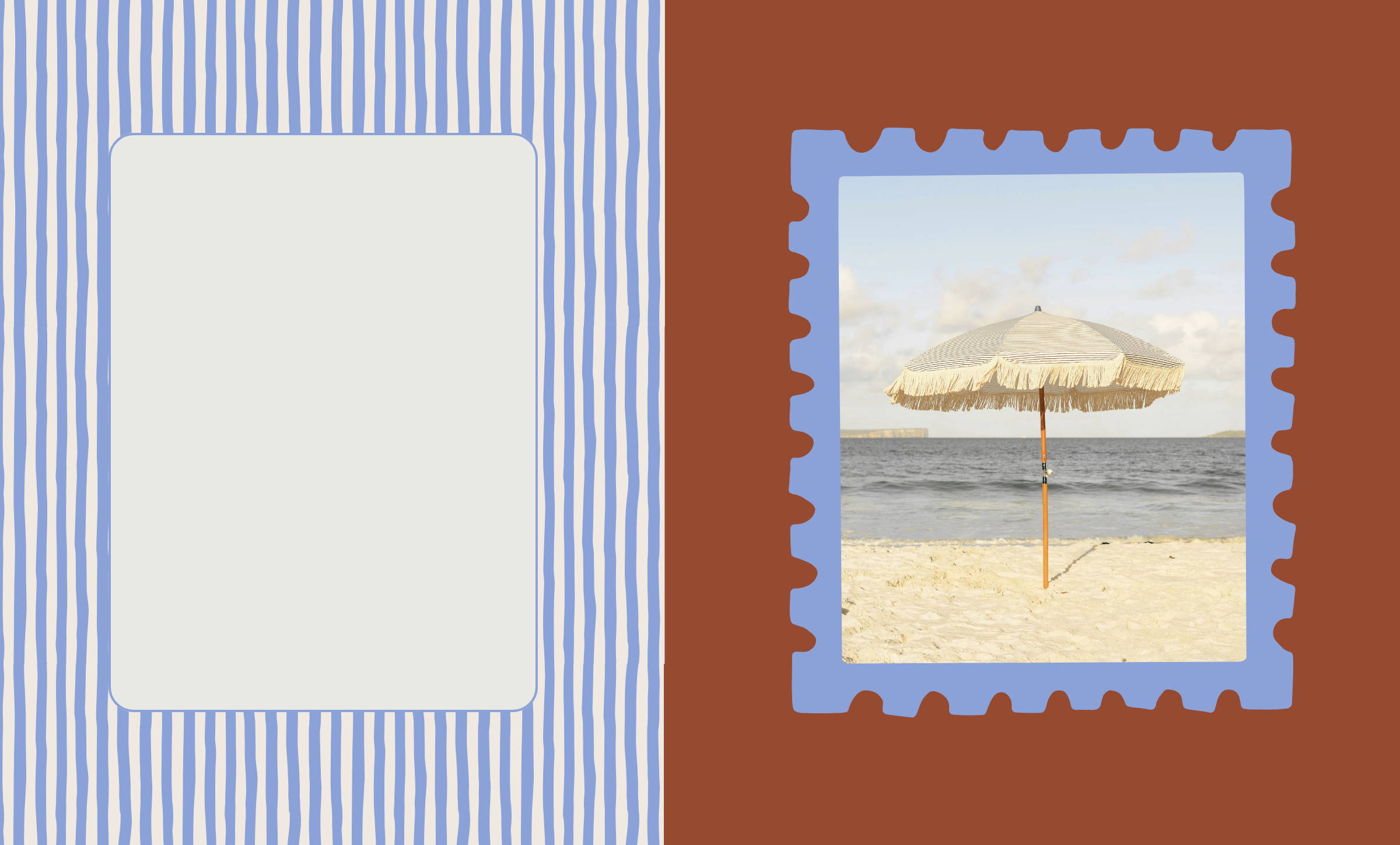 A sandy beach with a straw umbrella and the ocean in the background, viewed through a blue, perforated, candy-colored frame.