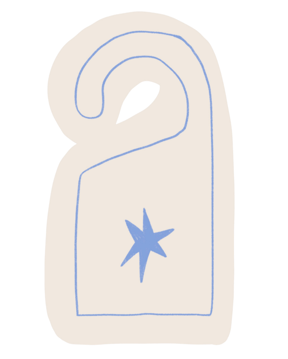 A white, irregularly shaped tag with a blue star in the center and a blue outline, featuring a hole at the top for hanging.