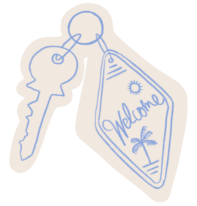A hand-drawn keychain with two keys and a tag that says "Welcome" with a sun and palm tree illustration.