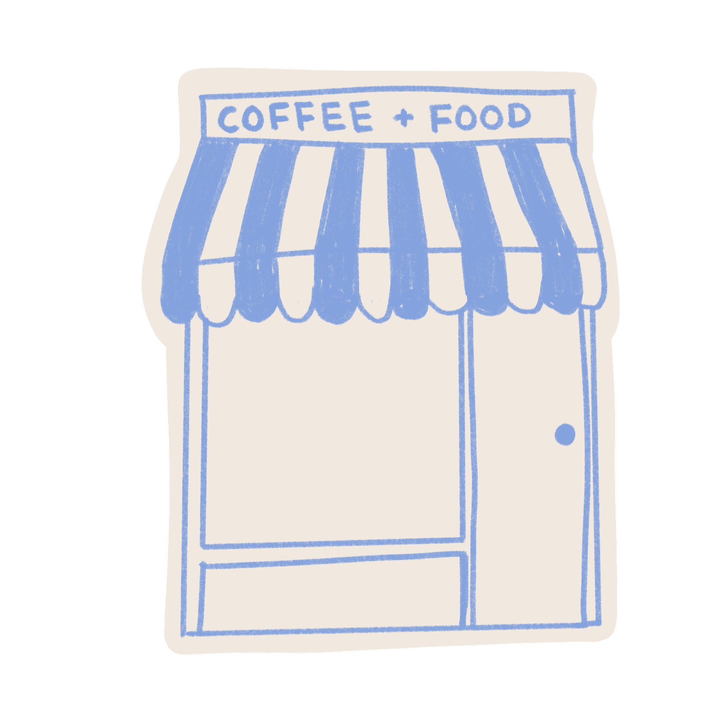 A drawing of a storefront with a striped awning, with a sign that reads 'Coffee + Food'.