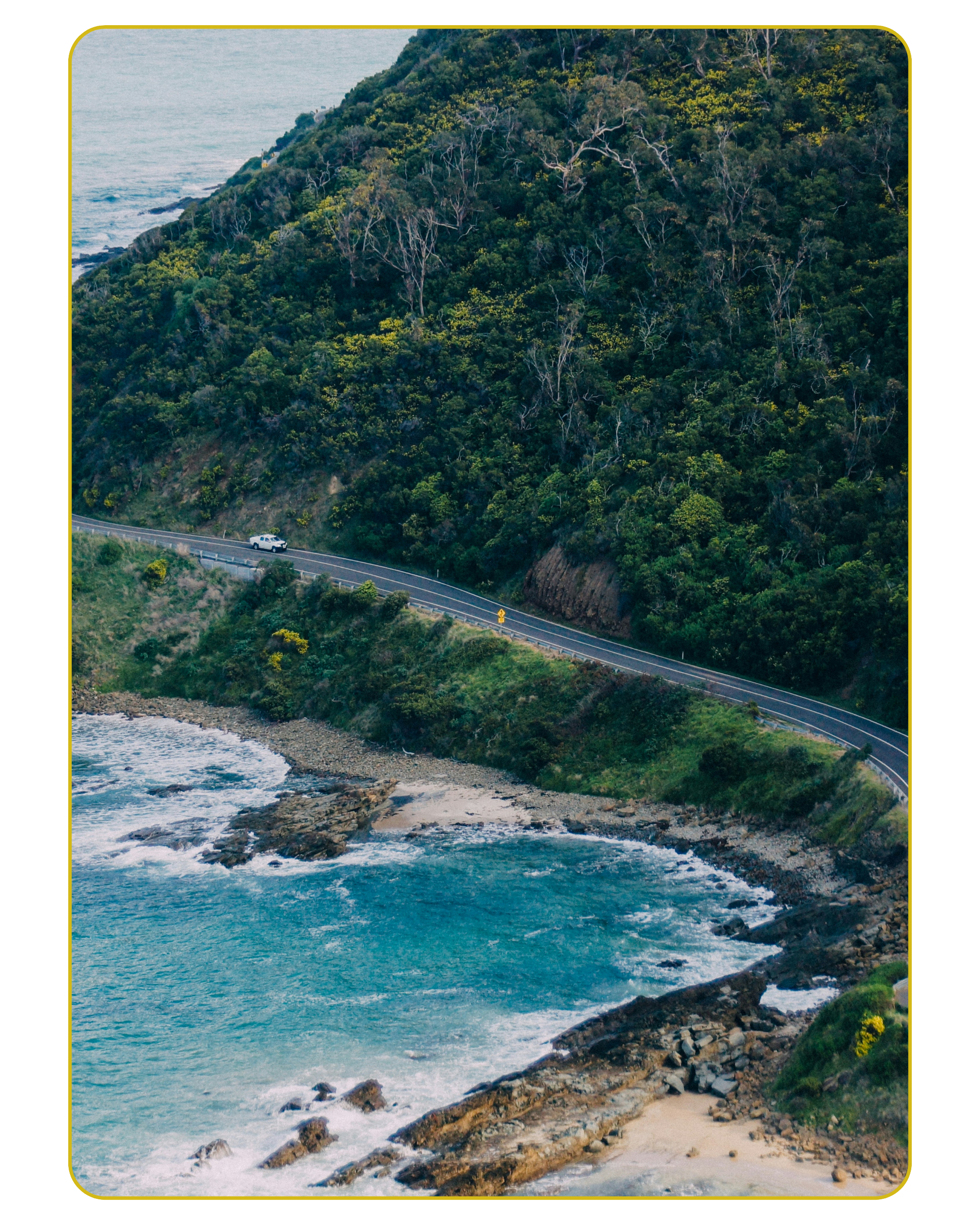 Scenic view of a coastal hillside with dense green trees and shrubs, a winding road, and ocean waves crashing against rocks along the shoreline.