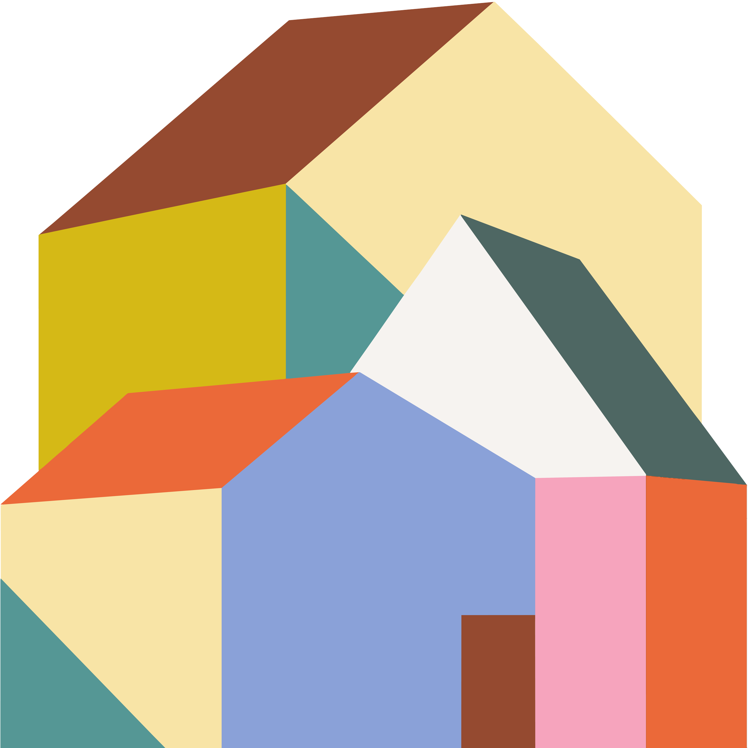 Colorful abstract geometric pattern with various overlapping shapes and colors, including yellow, brown, blue, pink, and white.