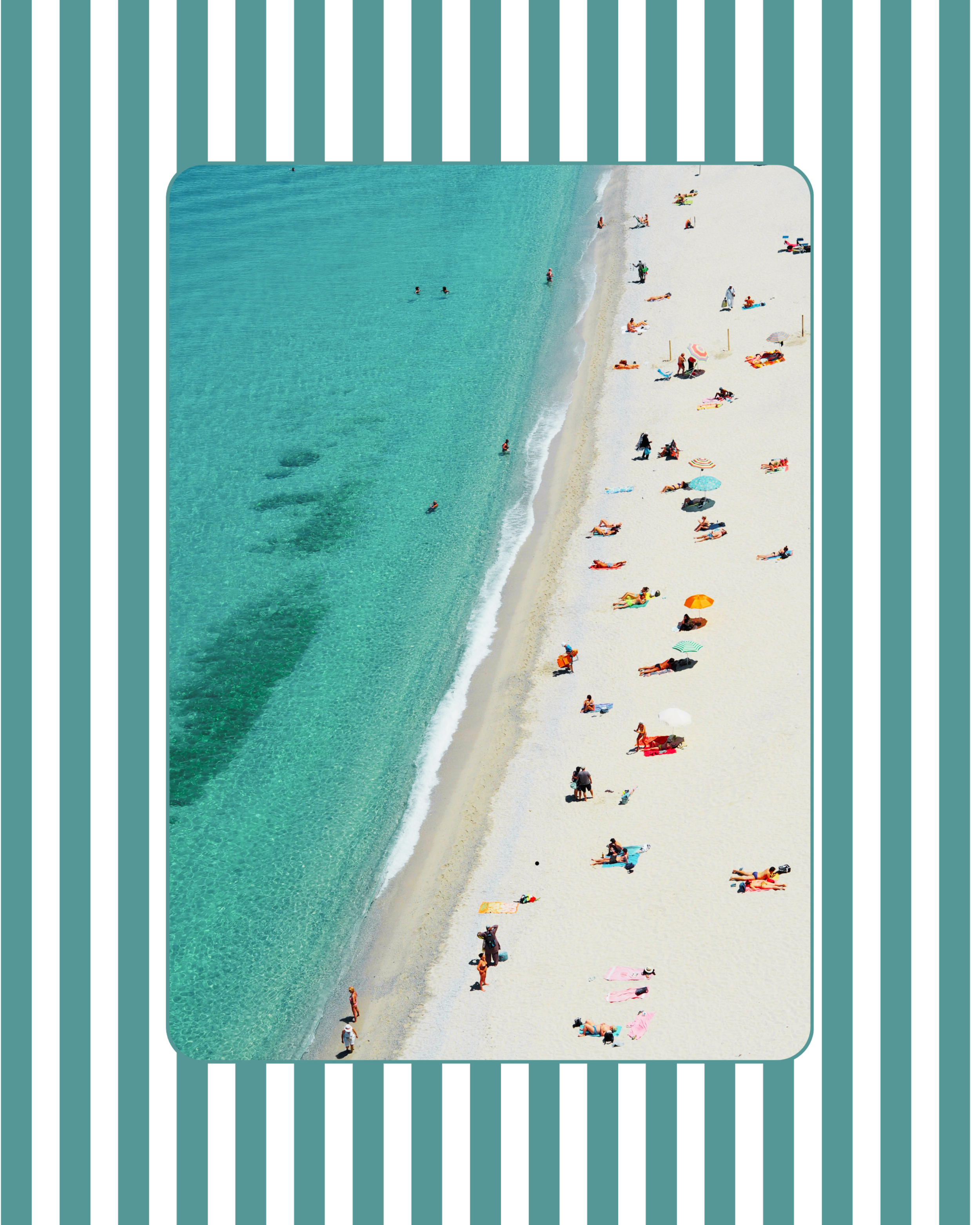 Aerial view of a crowded beach with clear turquoise water and people sunbathing, swimming, and walking on the sandy shore under umbrellas.