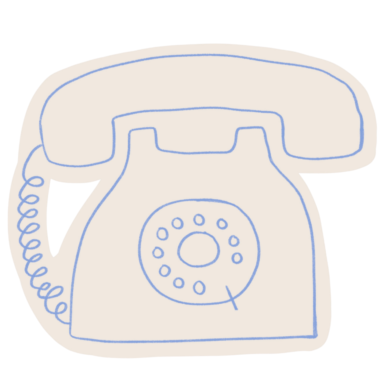 A simple line drawing of a vintage rotary phone with a coiled cord, depicted in blue on a light background, with a green shape behind it.