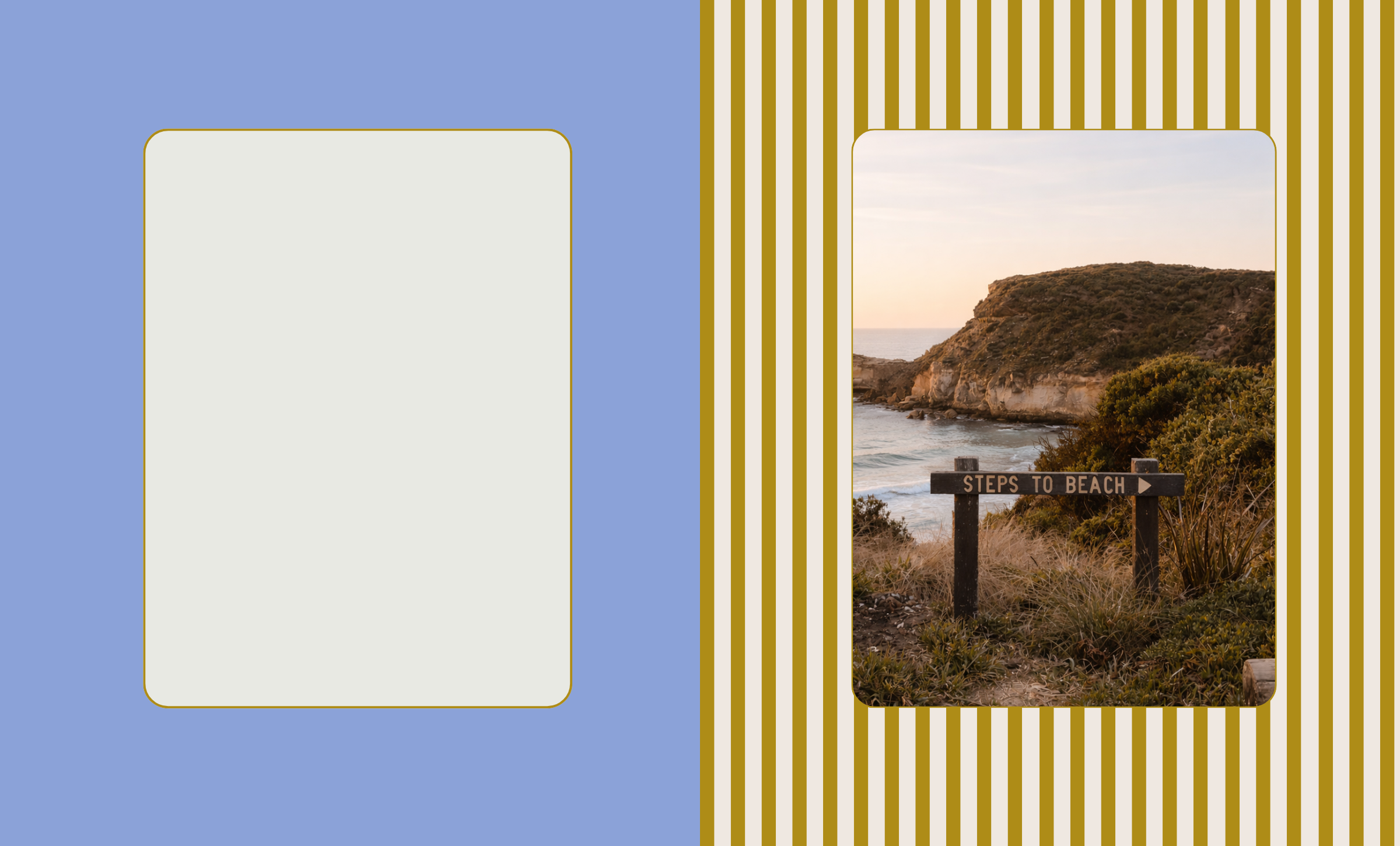 Photo of a coastal landscape with a sign that reads 'Steps to Beach', leading to a rocky shoreline and ocean, during sunset.