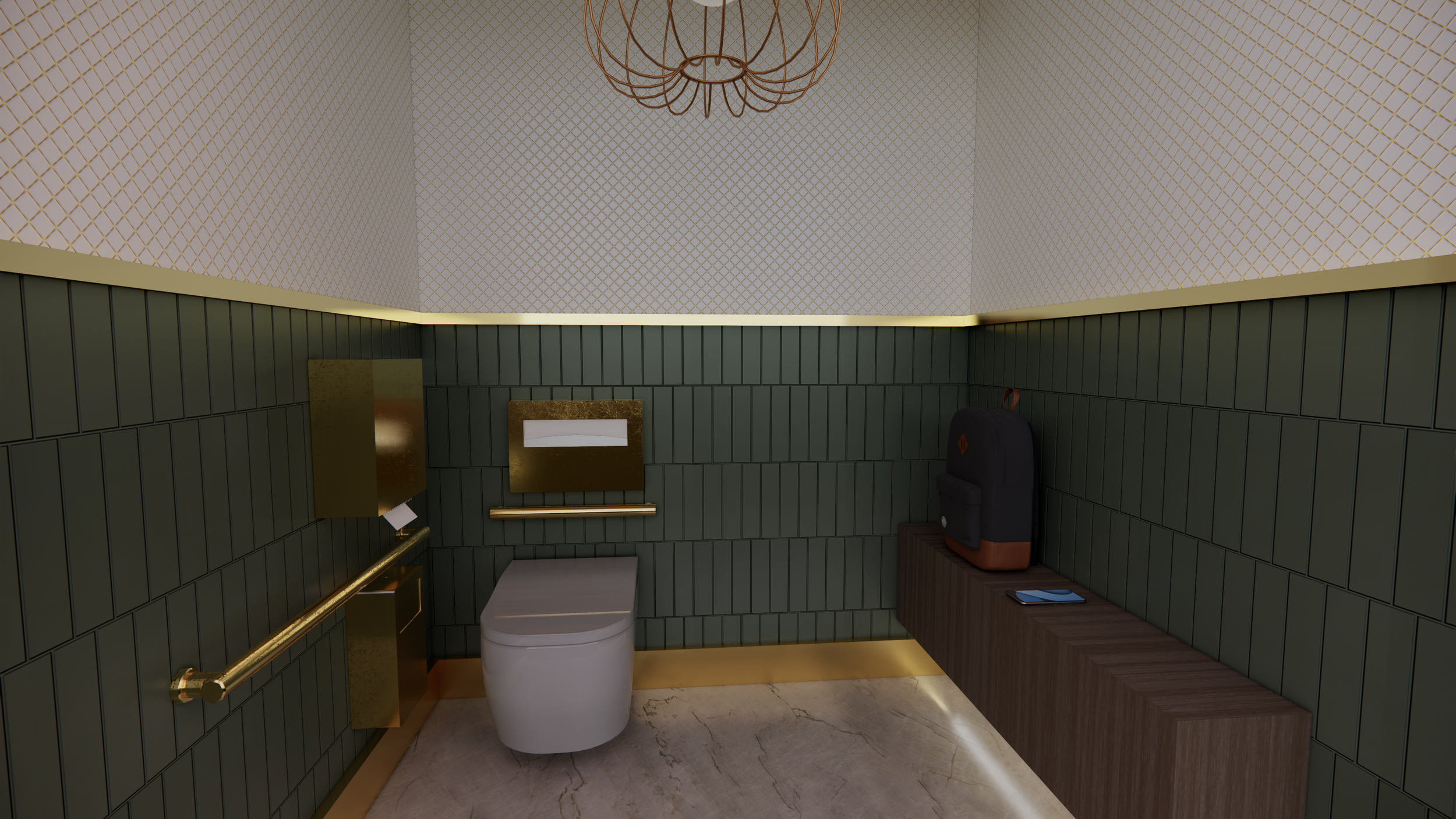 Modern small bathroom with green tiled walls, a white toilet, gold accents, a wooden bench, a black backpack, and a tablet on the bench, with a decorative wire pendant light hanging from the ceiling.