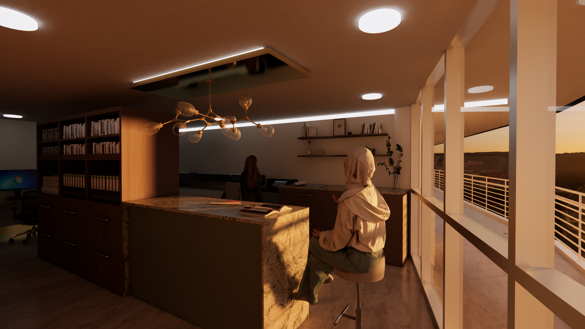 A woman wearing a beige hoodie sitting on a bar stool next to a marble kitchen counter, with a sunset view outside through large windows, in a modern office or home space.